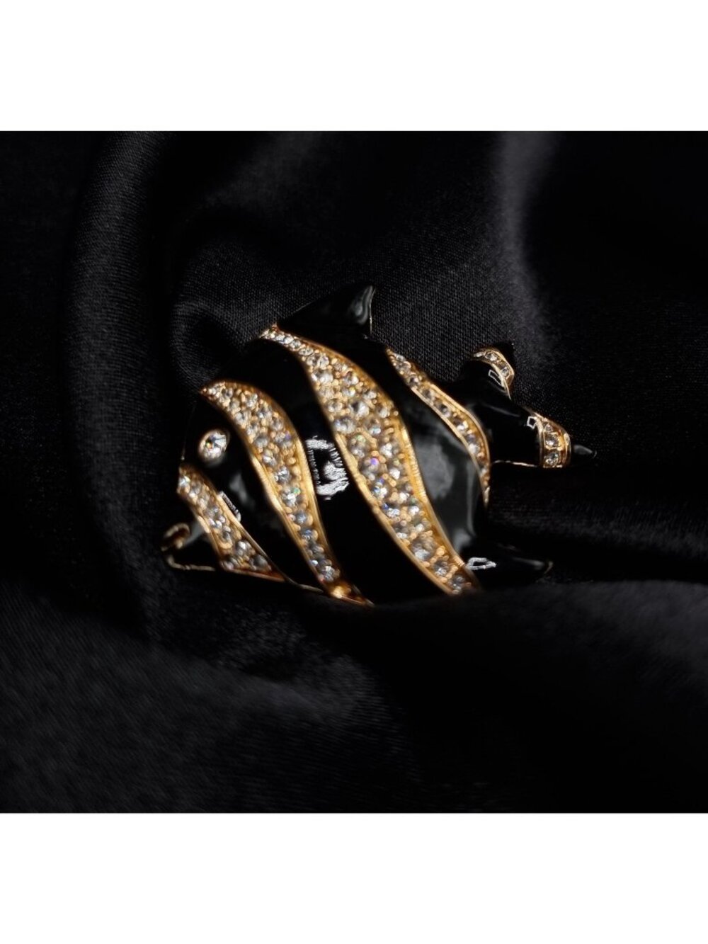Vintage 1990's Swarovski Black & Gold Fish Brooch With Crystals